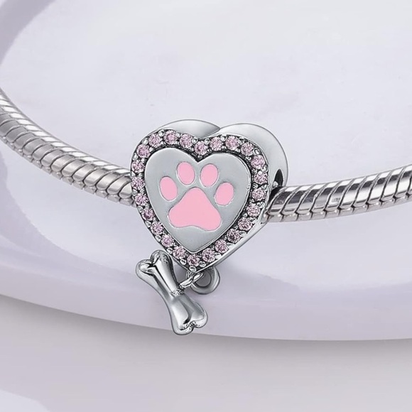 Silver Heart Charm with Pink Paw print puppy or kitty parents love - Picture 2 of 3